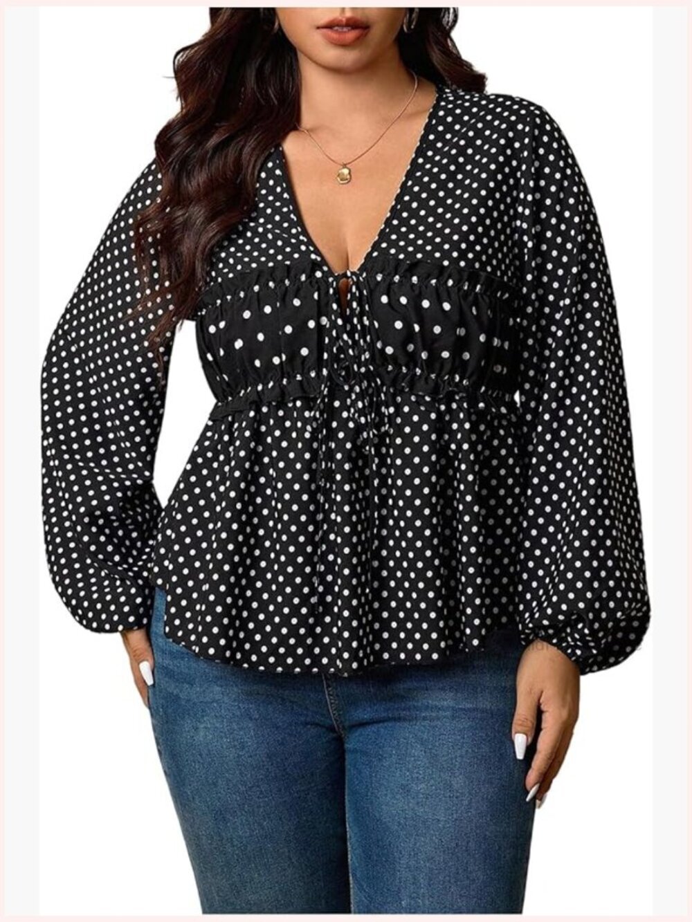Plus Size Polka Dot Tie Front V Neck Long Bishop Sleeve Blouse Ruffle Babydoll